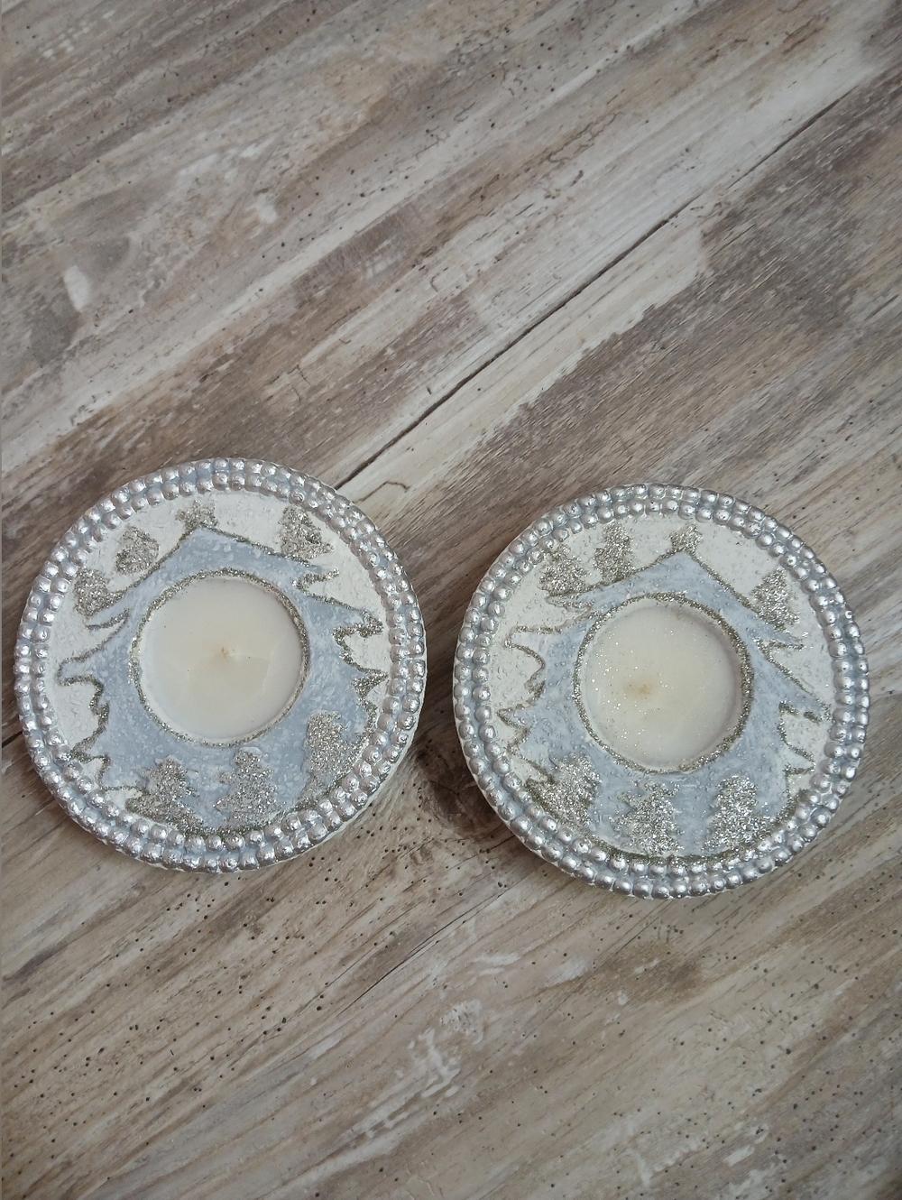 Set of 2 Silver & White Winter Wonderland Ceramic Candles - Glitter Trees